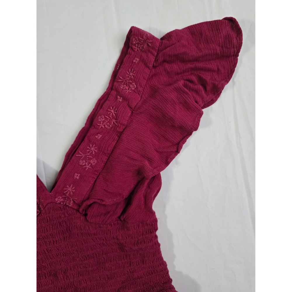 Stradivarius Smocked Crop Top Pink Embroidered Ruffle V-Neck Boho Sleeveless S - Picture 5 of 16